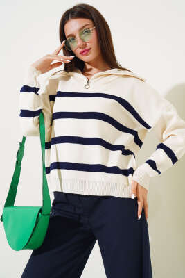 Önü Yarım Fermuarlı Çizgili Triko Kazak Lacivert - Kadın Giyim Modelleri