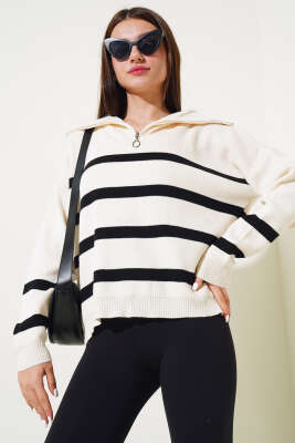 Önü Yarım Fermuarlı Çizgili Triko Kazak Siyah - Kadın Giyim Modelleri