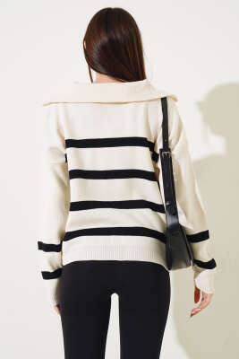 Önü Yarım Fermuarlı Çizgili Triko Kazak Siyah - Kadın Giyim Modelleri