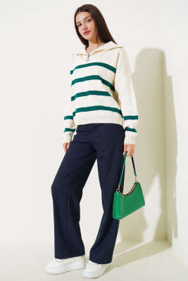 Önü Yarım Fermuarlı Çizgili Triko Kazak Zümrüt - Kadın Giyim Modelleri