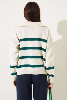 Önü Yarım Fermuarlı Çizgili Triko Kazak Zümrüt - Kadın Giyim Modelleri