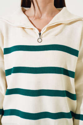 Önü Yarım Fermuarlı Çizgili Triko Kazak Zümrüt - Kadın Giyim Modelleri