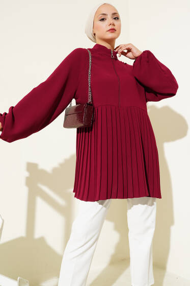 Önü Yarım Fermuarlı Pileli Tunik Bordo - Tunik