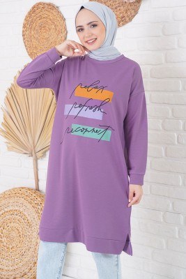 Önü Yazı Baskılı Renk Detaylı Menekşe Uzun Tunik - Uzun Tunik