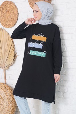 Önü Yazı Baskılı Renk Detaylı Siyah Uzun Tunik - Spor Tunik