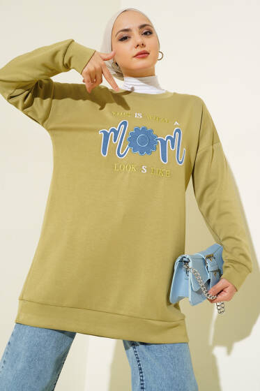 Önü Yazı Nakışlı Tunik Çağla Yeşili - Tunik