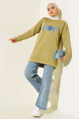 Önü Yazı Nakışlı Tunik Çağla Yeşili - Tunik