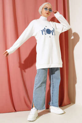 Önü Yazı Nakışlı Tunik Ekru - Tunik