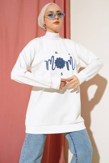 Önü Yazı Nakışlı Tunik Ekru - Tunik