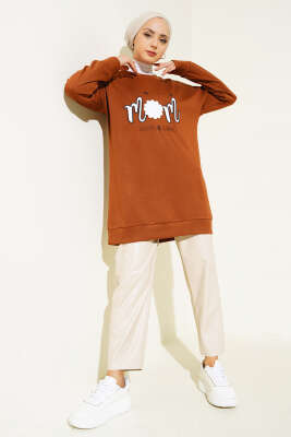 Önü Yazı Nakışlı Tunik Kahve - Tunik