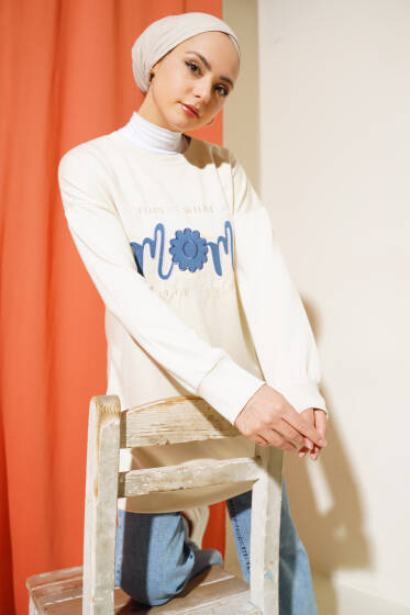 Önü Yazı Nakışlı Tunik Krem - Tunik