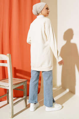 Önü Yazı Nakışlı Tunik Krem - Tunik