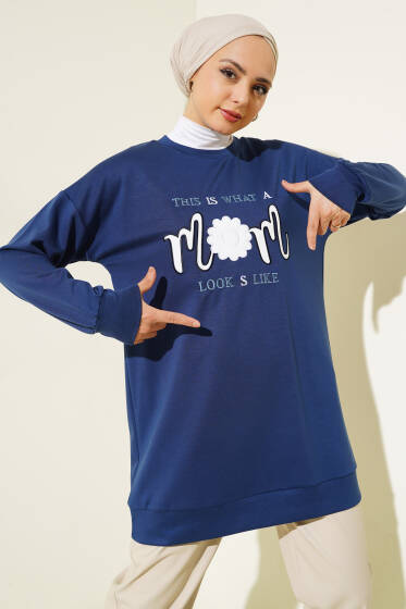 Önü Yazı Nakışlı Tunik Lacivert - Tunik