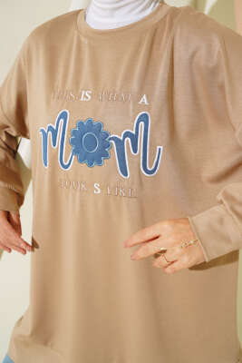 Önü Yazı Nakışlı Tunik Latte - Tunik