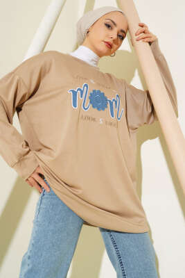 Önü Yazı Nakışlı Tunik Latte 