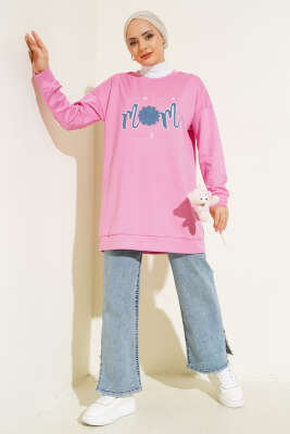 Önü Yazı Nakışlı Tunik Pembe - Tunik
