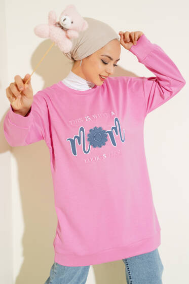 Önü Yazı Nakışlı Tunik Pembe - Tunik