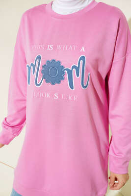 Önü Yazı Nakışlı Tunik Pembe - Tunik