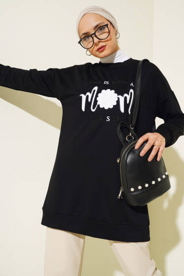 Önü Yazı Nakışlı Tunik Siyah - Tunik