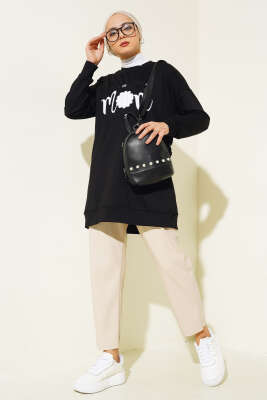 Önü Yazı Nakışlı Tunik Siyah - Tunik