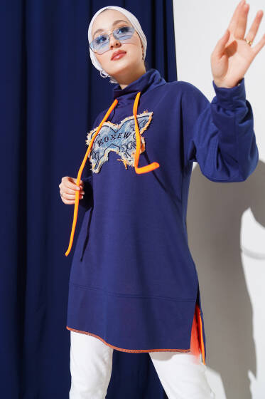 Önü Yazılı Dik Yaka Tunik Lacivert - Tunik