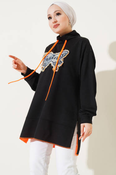 Önü Yazılı Dik Yaka Tunik Siyah - Tunik