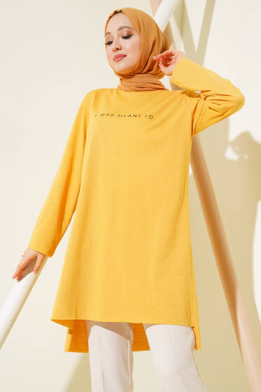Önü Yazılı Salaş Tunik Hardal - Tunik
