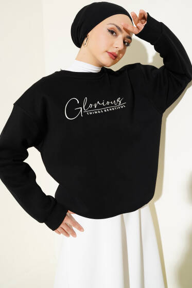 Önü Yazılı Şardonlu Sweatshirt Siyah - Tunik