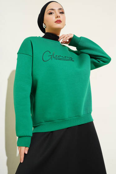Önü Yazılı Şardonlu Sweatshirt Yeşil - Tunik