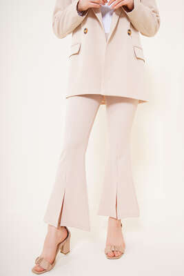 Önü Yırtmaçlı İspanyol Paça Pantolon Bej - Pantolon