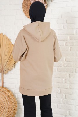 Önü Yırtmaçlı Kapüşonlu Camel Sweatshirt - Tunik