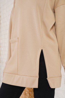Önü Yırtmaçlı Kapüşonlu Camel Sweatshirt - Tunik