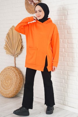 Önü Yırtmaçlı Kapüşonlu Oranj Sweatshirt - Tunik