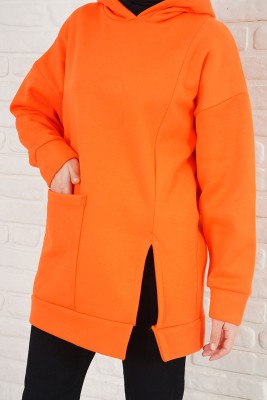Önü Yırtmaçlı Kapüşonlu Oranj Sweatshirt - Tunik