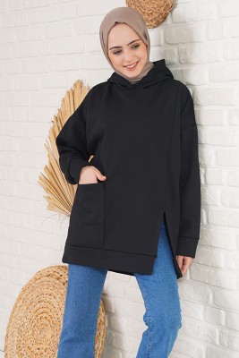 Önü Yırtmaçlı Kapüşonlu Siyah Sweatshirt - Tunik