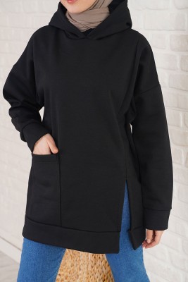 Önü Yırtmaçlı Kapüşonlu Siyah Sweatshirt - Tunik