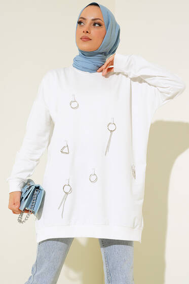 Önü Zincir Detaylı Tunik Beyaz - Tunik
