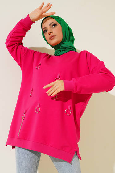 Önü Zincir Detaylı Tunik Fuşya - Tunik