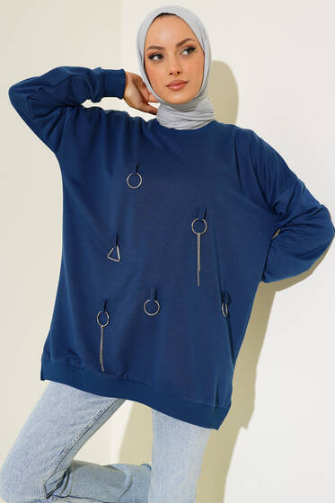 Önü Zincir Detaylı Tunik İndigo - Tunik