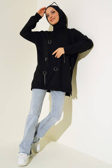 Önü Zincir Detaylı Tunik Siyah - Tunik