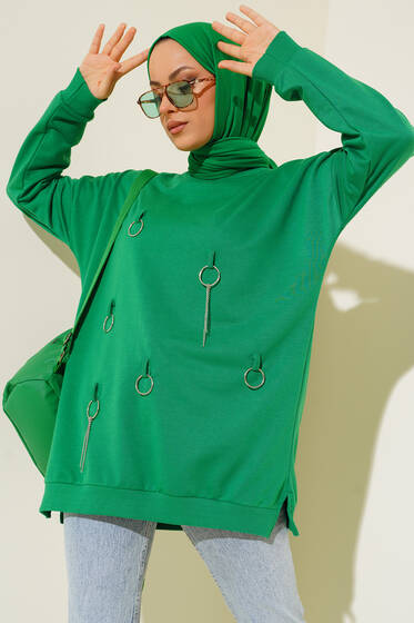 Önü Zincir Detaylı Tunik Yeşil - Tunik