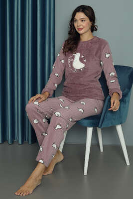 Ördek Desenli Doğalgaz Faturası Düşüren Pijama Takımı Lila - Thumbnail