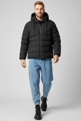 Oregom Kapüşonlu Erkek Mont Siyah - Erkek Mont