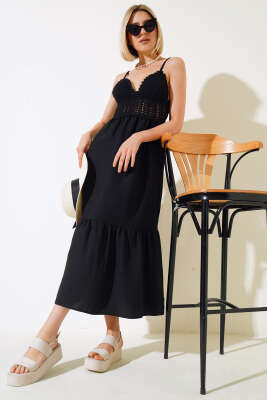 Örgü Askılı Elbise Siyah - TOP SHOW