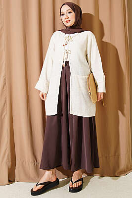 Örgü Biyeli Bağlamalı Keten Kimono Bej - 100-300 TL Ürünler