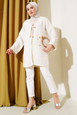 Örgü Biyeli Bağlamalı Keten Kimono Bej - 500-700 TL Ürünler