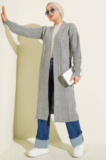 Örgü Büzgülü Uzun Triko Hırka Gri - Hırka