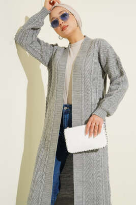 Örgü Büzgülü Uzun Triko Hırka Gri - Hırka