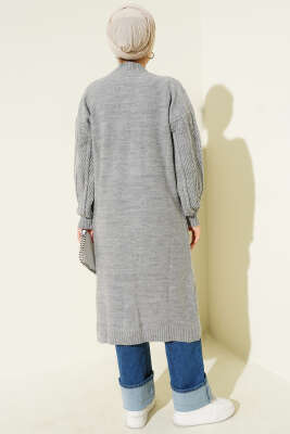 Örgü Büzgülü Uzun Triko Hırka Gri - Hırka