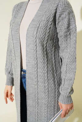 Örgü Büzgülü Uzun Triko Hırka Gri - Hırka